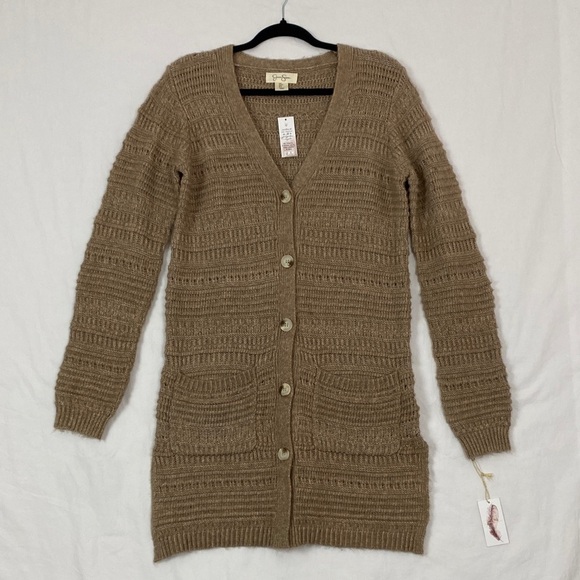 NEW Jessica Simpson Long Cardigan Button Up Sweater Tan Color Size Small - Picture 1 of 10